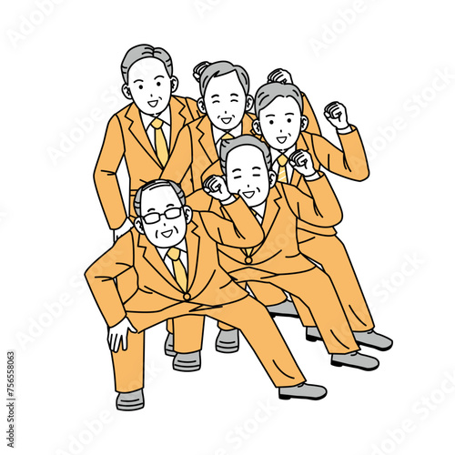 連結して踊る中年会社員の男性のイラスト