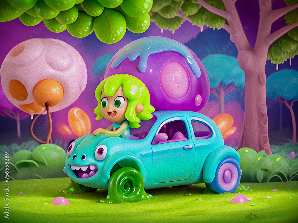 Cute Slime Creatures in Car, Oil Painting