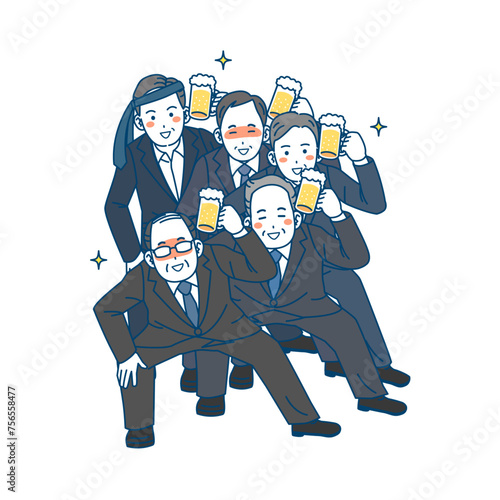 ビールを飲んで踊る中年会社員の男性のイラスト