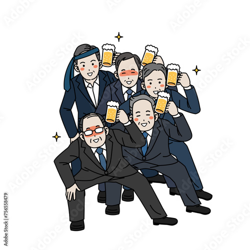 ビールを飲んで踊る中年会社員の男性のイラスト