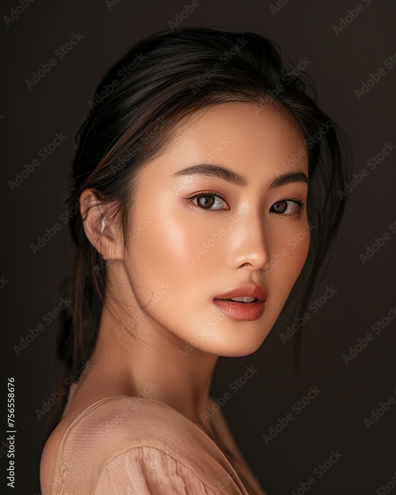 Naklejka premium Photo of an Asian female model on dark background