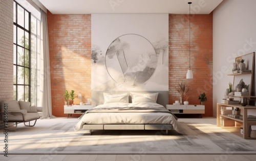 A large bed with a white comforter and a white pillow sits in a room with a brick wall. The room is well lit and has a modern, minimalist design. A potted plant is placed on a table near the bed photo