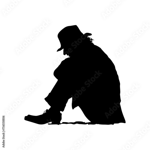 An man sits on a floor and is surrounded by a tangle of colorful tangles of trouble, problems and fears of aging in a vector image. silhouette isolated on white background