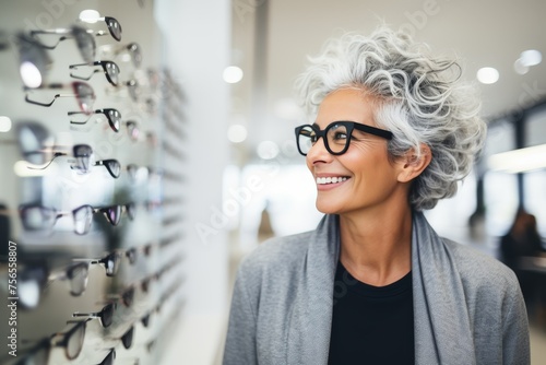 Mature woman with natural gray hair choosing and trying on eyeglasses at an ophthalmology store