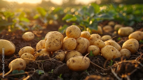 Golden potatoes harvested on a sunny field