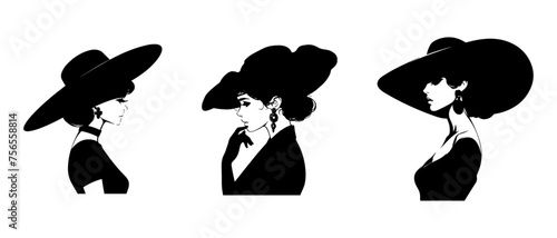 Beautiful woman in retro style hat, beauty logo. Vector illustration elegant woman wearing retro style hat