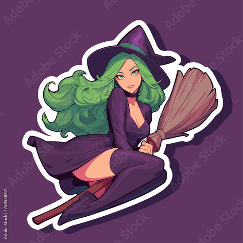 Cute attractive witch with green hair in pin-up style flying on a broomstick isolated sticker halloween © Bodega