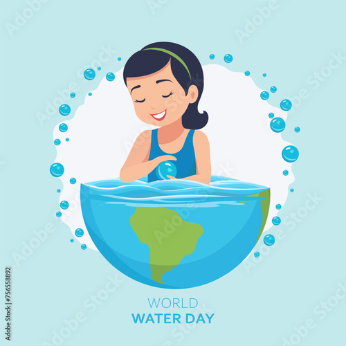 World Water Day. A girl swims in water on planet Earth. Vector illustration.