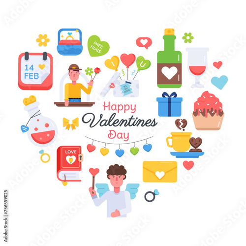Happy valentine day vector depicting various lovely elements and romantic presents 