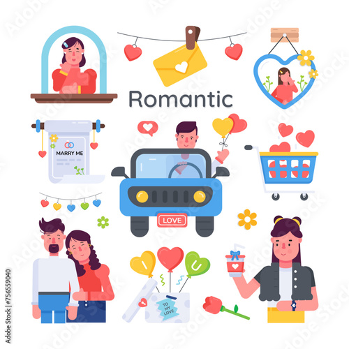 A flat vector depicting love celebration and romantic couple cuddles 