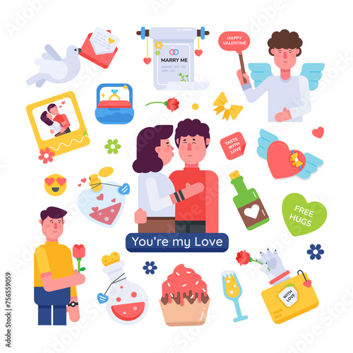 A flat style love vector depicting valentine gifts, presents, and lovely gestures 