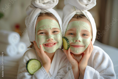 Happy little girls wearing white bathrobes towels on head having cucumber facial skin care mask. Smiling girls friends relaxing at spa beauty salon photo