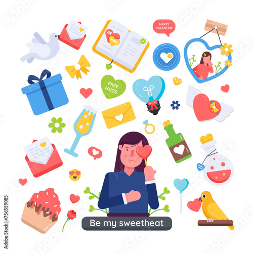 A romantic vector in flat style showcasing lovely messages and sweetheart moments 