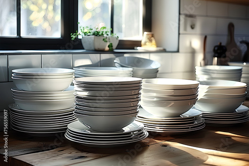 A stack of freshly washed dishes arranged flawlessly, reflecting the perfect lighting to showcase their cleanliness and polished state
