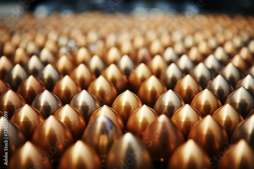 New artillery shells in military warehouse, close-up of metal munition in weapons factory storage