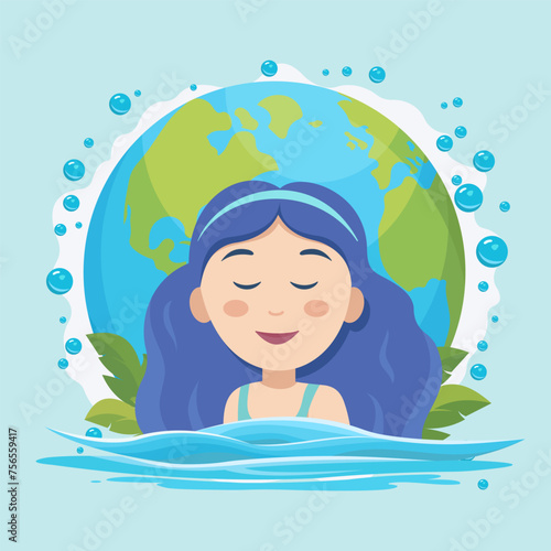 World Water Day. Girl in the water against the background of the Earth. Vector illustration.