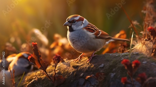 Two sparrows sitting on a log in the sun at sunset © paukan