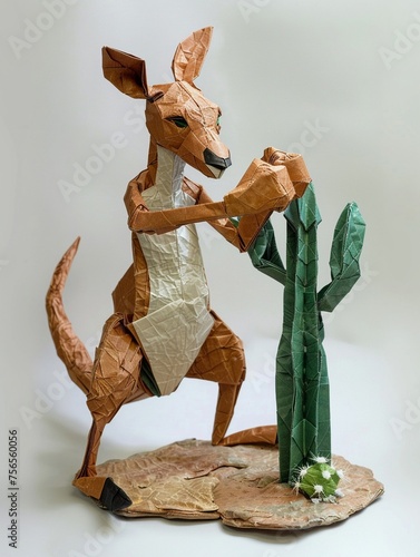 An origami kangaroo on a boxing match with a paper-mache cactus photo