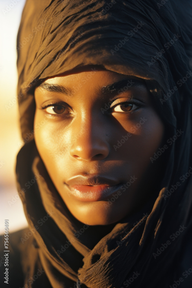 beautiful close up of young poc model with dark tanned skin african american arab with head scarf turban in natural sunlight magazine editorial studio shot film skincare beauty commercial beautiful close up of young poc model with dark tanned skin african american arab with head scarf turban in natural sunlight magazine editorial studio shot film skincare beauty commercial