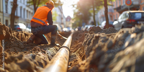 Workers install underground pipes for water, sewerage electricity and fiber optics for the population of an urban center. Construction of drinking water plumbing pipeline repair in winter time concept