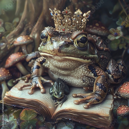 A frog wearing a crown and reading fairy tales to tadpoles