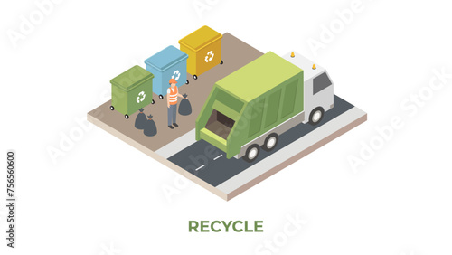 Colored and isometric garbage recycling composition with garbage collecting and workers scavengers vector illustration