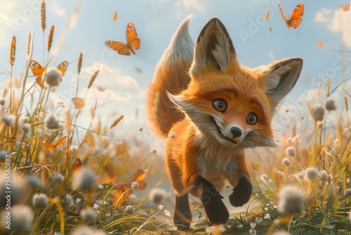 A playful 3D fox cub with oversized ears and a fluffy tail