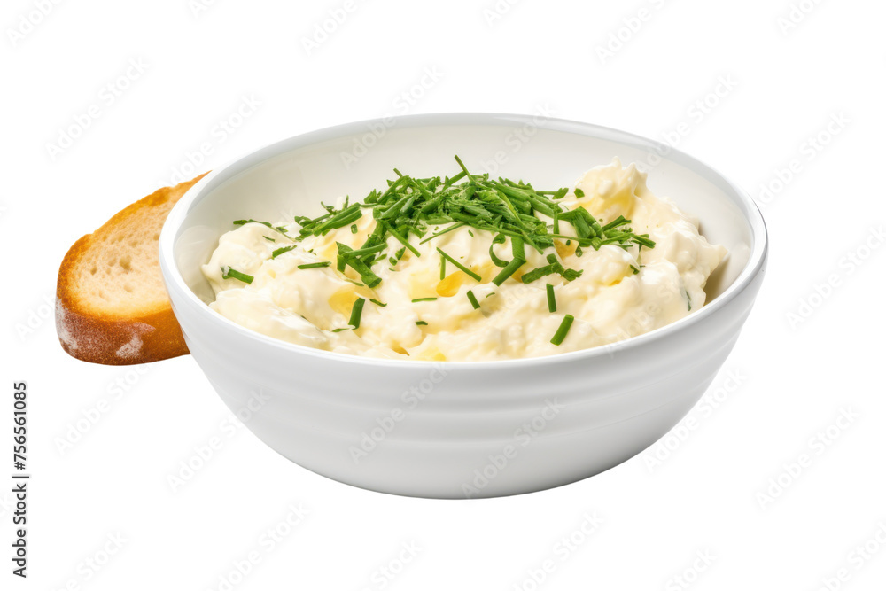 Soft and smooth scrambled eggs with cream cheese, butter and herbs, served in a bowl Isolated on transparent background.