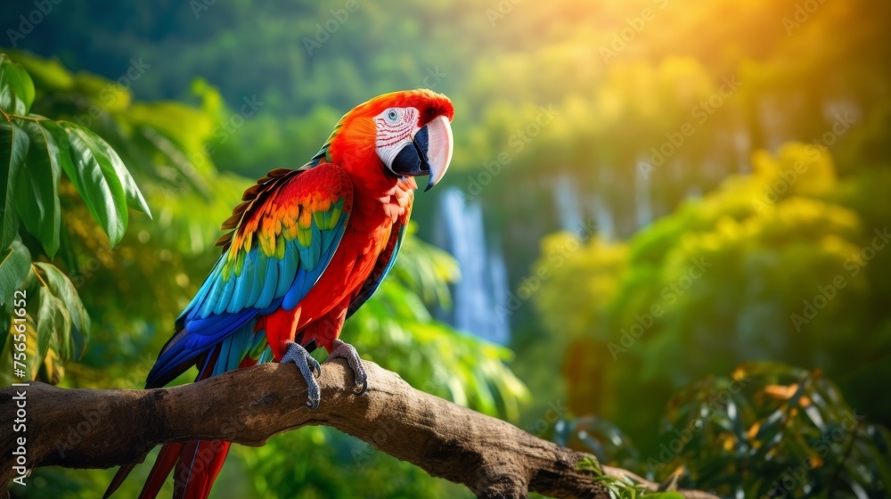 Fototapeta premium Macaw Parrot Perched On A Tree In The Amazon Rainforest Jungle