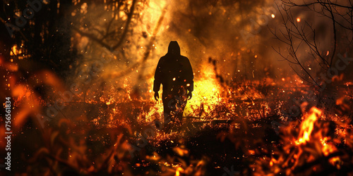 Fire flames arson damaged ecology wildfire danger.. Forest burnt by fire with charred burnt trees and silhouette of man in woods. Climate change and environment natural disaster caused by people
