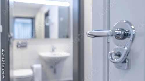 Bathroom door handles, door with stainless knob door half open in front of interior bathroom white sink of washing hands and mirror