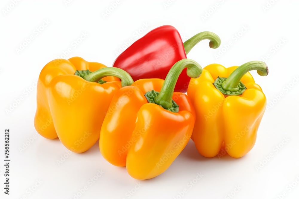 a bunch of yellow and red bell peppers on a white background with a shadow. isolated vegetables. a bunch of yellow and red bell peppers on a white background with a shadow. isolated vegetables.