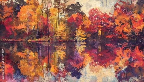 A vibrant autumn forest with colorful leaves, reflecting on the water's surface creating a vivid contrast against each other and the surrounding landscape Generative AI