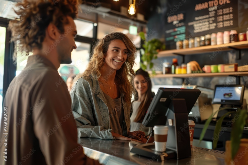 Cafe interior with a modern POS system on the counter, surrounded by smiling baristas and happy customers Cafe interior with a modern POS system on the counter, surrounded by smiling baristas and happy customers