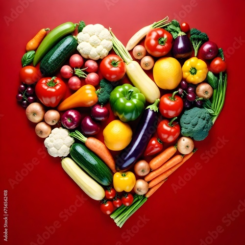 Various fruits and vegetables arranged in the shape of a heart on a red background