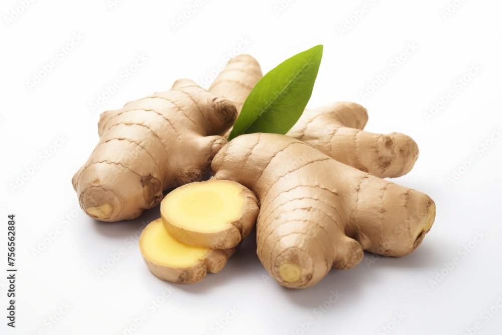 ginger root with leaves on a white background. a bunch of whole ingredients and cut pieces. ginger root with leaves on a white background. a bunch of whole ingredients and cut pieces.