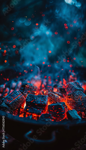 Glowing embers in a fire pit, surrounded by dark blue smoke and red sparks photo