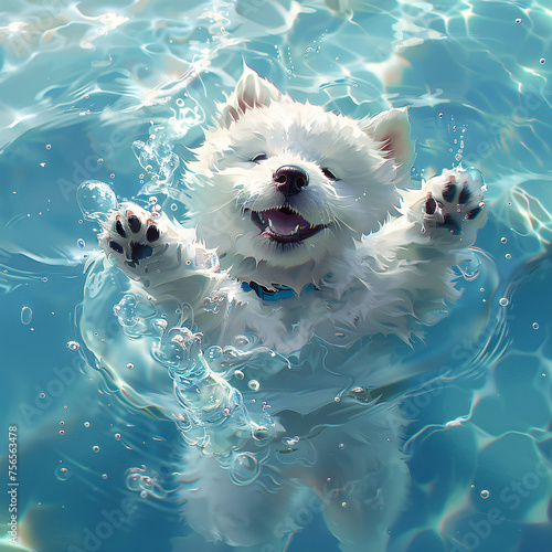 A happy white dog enjoys a refreshing swim, paws splashing in the clear blue water photo