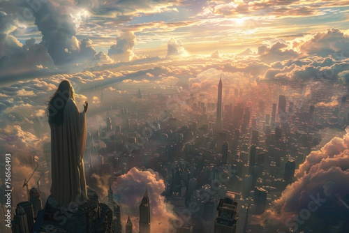 Jesus Christ stands in heaven with clouds at dawn and watches, blesses a modern city with many skyscrapers