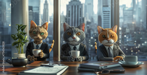 Dynamic 3D cats in business attire brainstorming over coffee in an office lounge