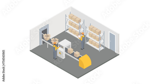 Warehouse or factory isometric concept. Inside room with cargo, parcels and conveyor vector illustration