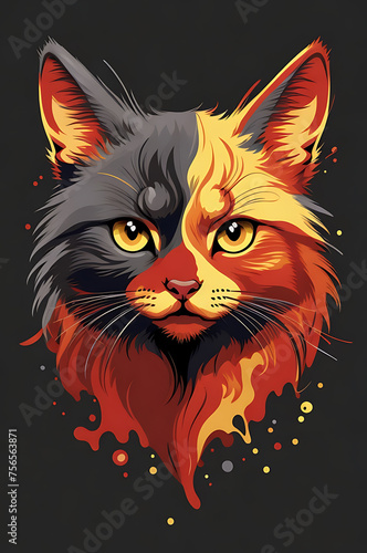 red yellow colorful logo minimalist logo illustration of vector art of an Cat head t-shirt design