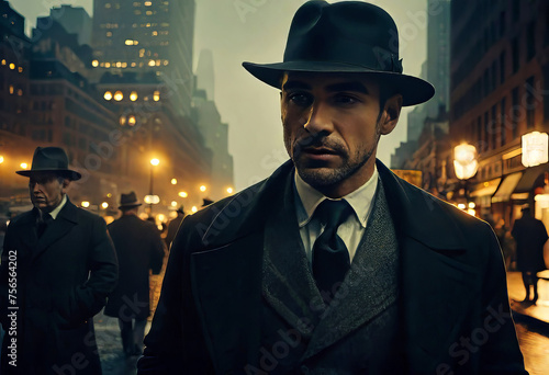portrait of a male detective in a 1920-1930s hat in the style of vintage photography, an atmosphere of mystery and evening city,