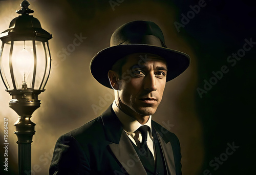 portrait of a male detective in a 1920-1930s hat in the style of vintage photography, an atmosphere of mystery and evening city,