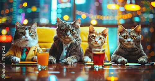 Playful cats dressed as corporate leaders in a vibrant discussion photo