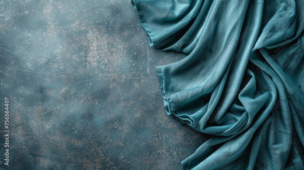 A luxurious teal satin fabric draped gracefully over a dark, textured background, highlighting its glossy sheen and rich texture. - obrazy, fototapety, plakaty 