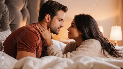 Happy Couple Relaxing on a Cozy Bed in the Bedroom, Healthy relationship concept