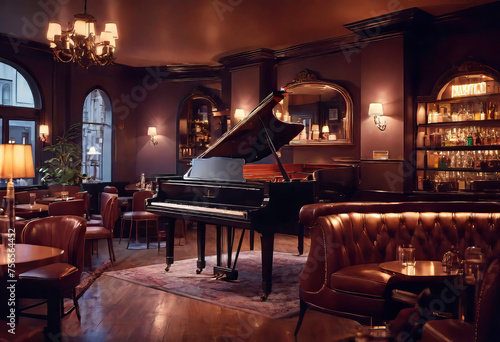 interior of a romantic cute cozy jazz cafe in an old style with evening lighting, a piano and a fireplace overlooking the street of the night city photo