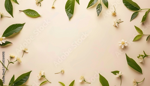 A beautiful spring background with leaves and small flowers on a light background