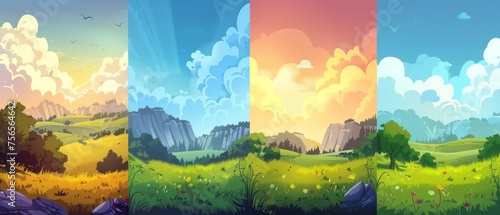 The grass in the meadow is green during all four daytimes of the year. Cartoon summer landscape with trees, rocky hills, and sun in the afternoons, dawn and sunset, and nighttime darkness.